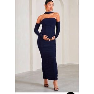 NAVY RUCHED LONG-SLEEVED MATERNITY MAXI DRESS WITH HALTER COLLAR